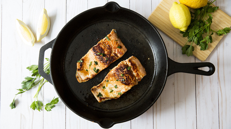 glazed salmon served on table