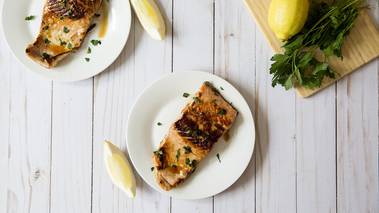 maple glazed salmon on table