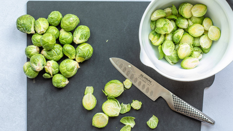 brussels sprouts on cutting board 