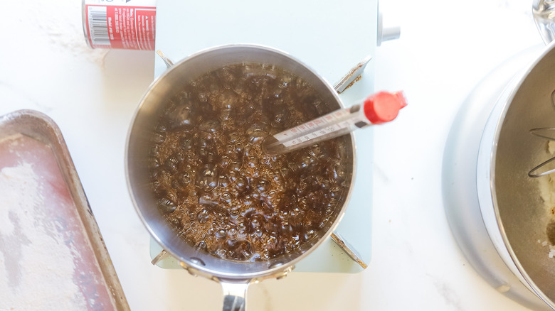 Boiling maple syrup in pot