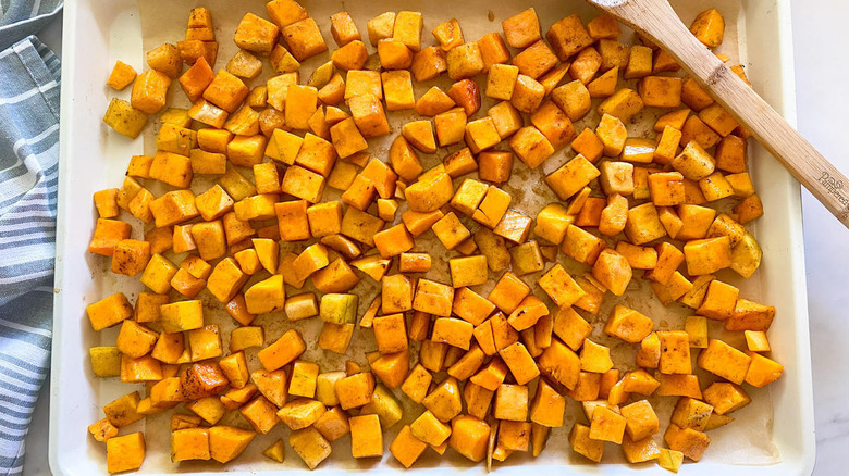 raw squash chunks in pan