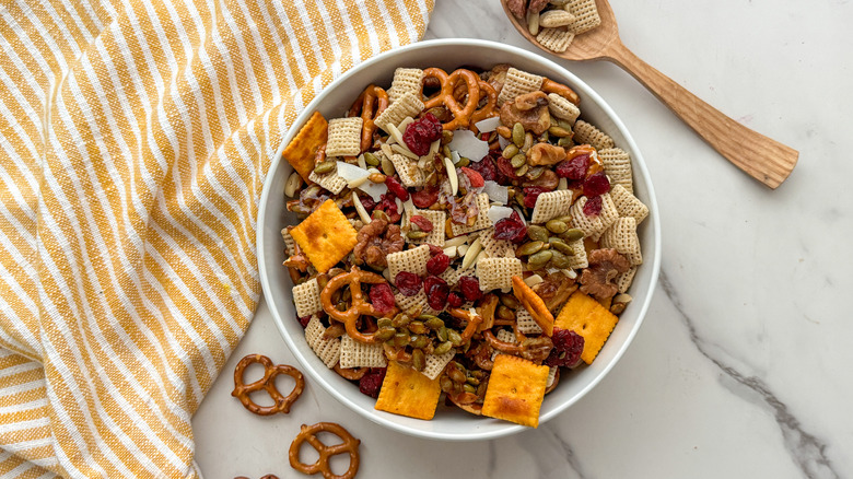 white bowl of snack mix