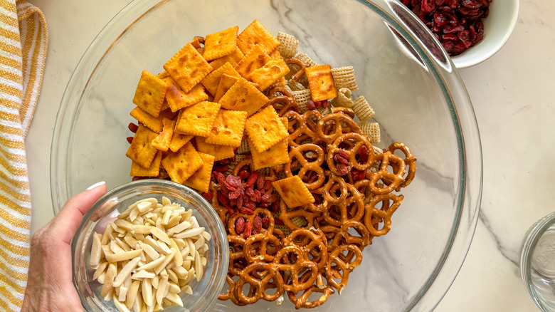 pretzels and Cheez-Its in bowl