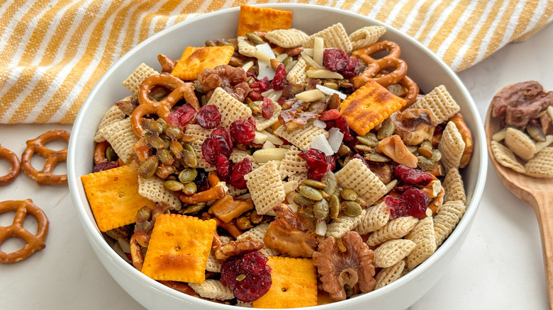 white bowl with snack mix