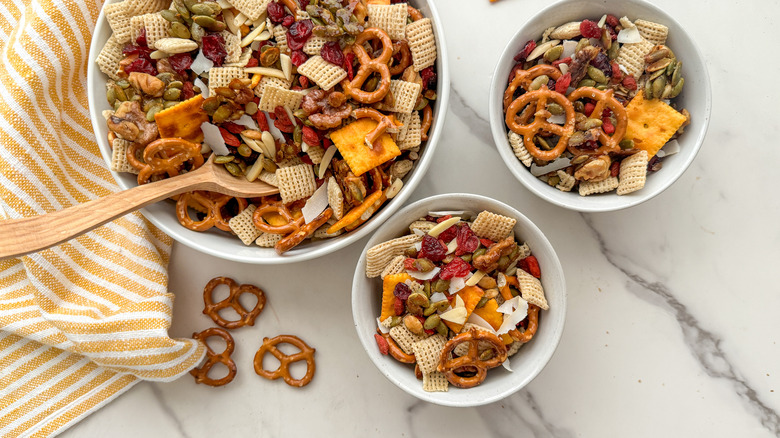 3 bowls of snack mix