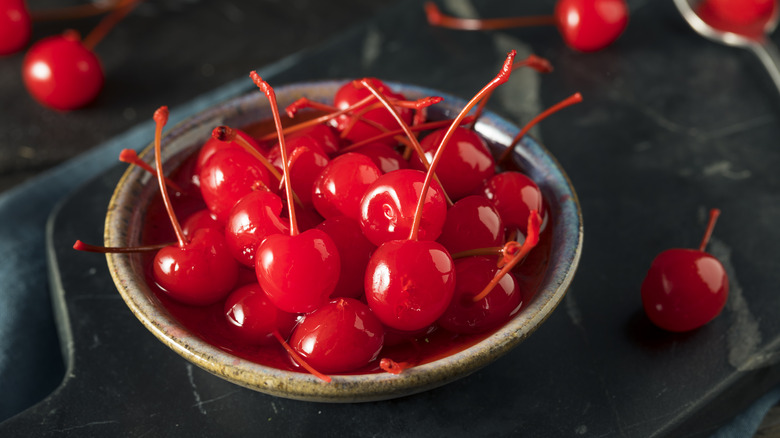 A bowl of maraschino cherries