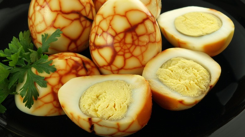 marbled hard-boiled eggs with garnishes