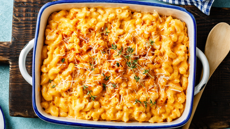 Dish of baked macaroni and cheese