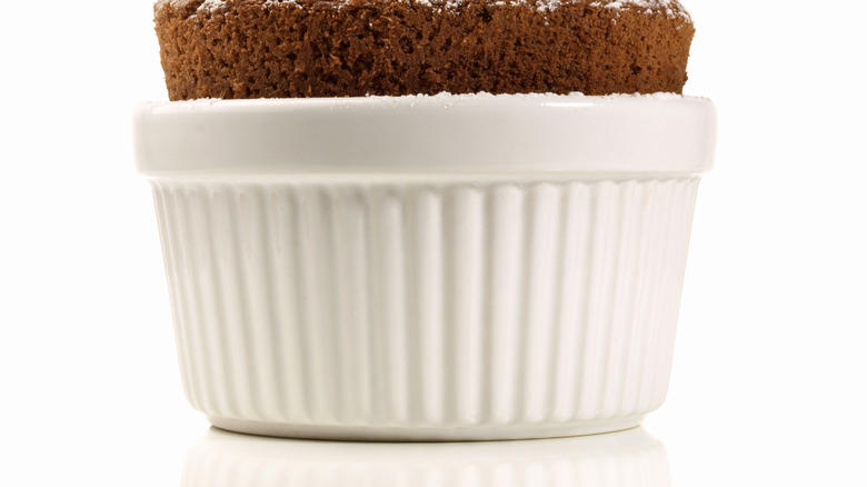 Chocolate soufflé in ramekin