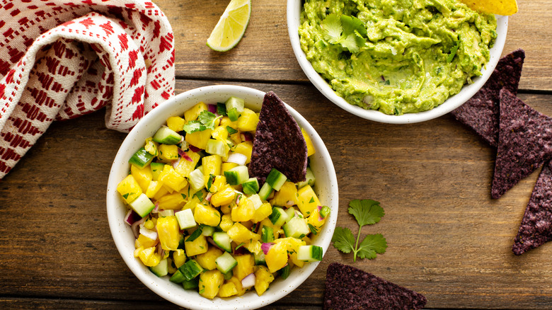 Guacamole and pineapple and cucumbers