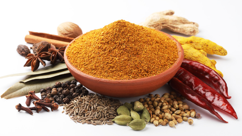 Garam Masala in ceramic bowl surrounded by whole spices