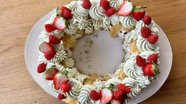 Berries on matcha pavlova wreath