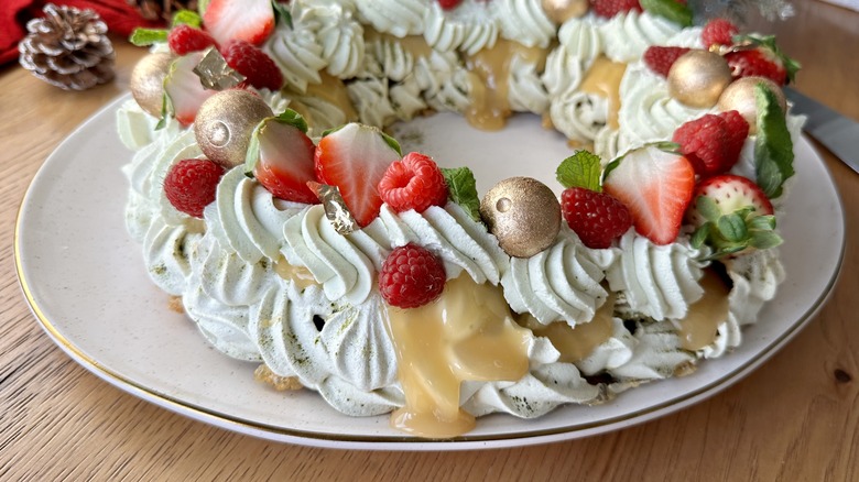 Matcha berry pavlova wreath with lemon curd