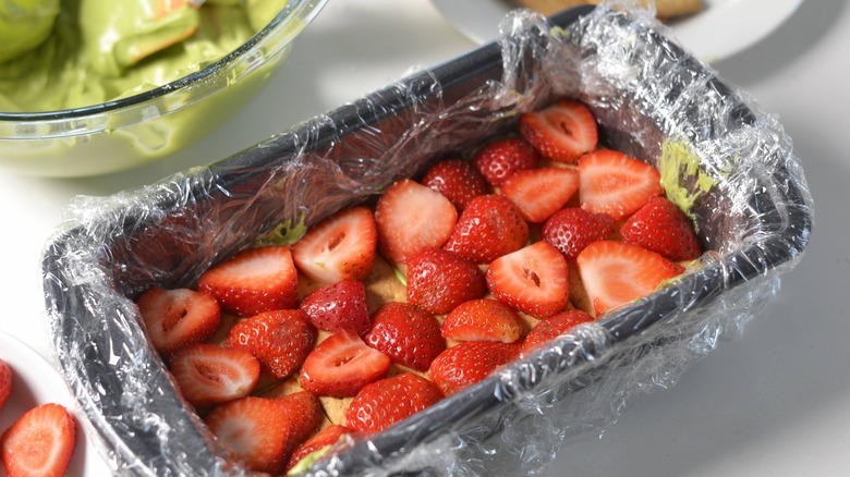 loaf pan with strawberry layer