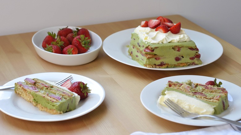 serving matcha strawberry cake slices