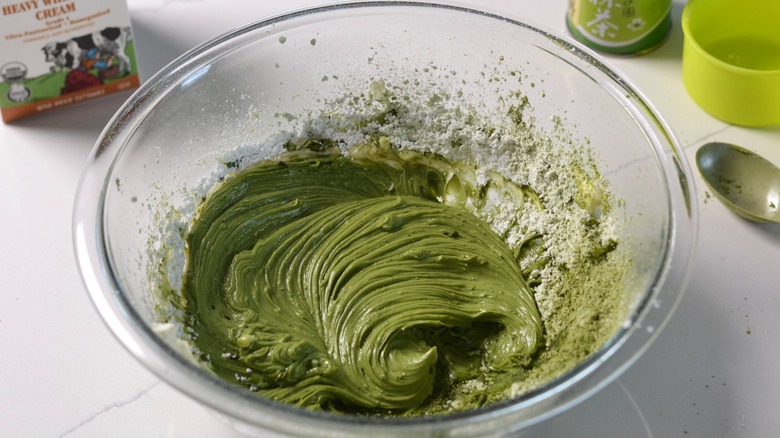 mixing matcha cream cheese filling