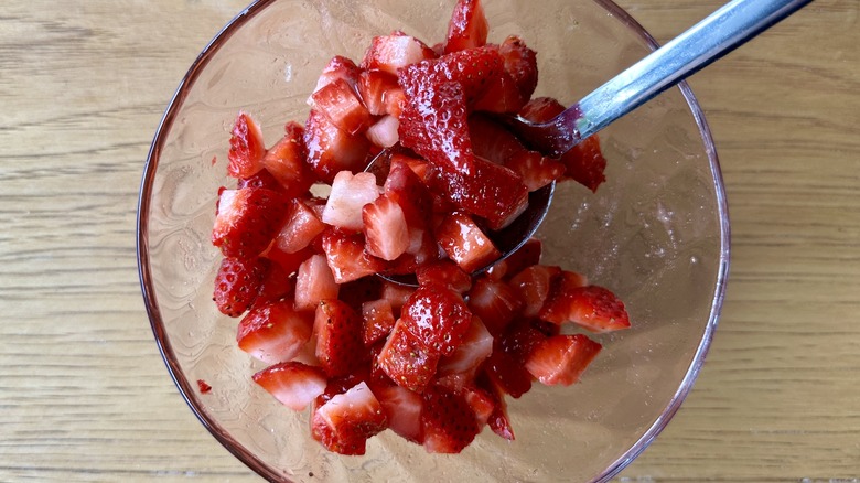 Diced strawberries in a bowl