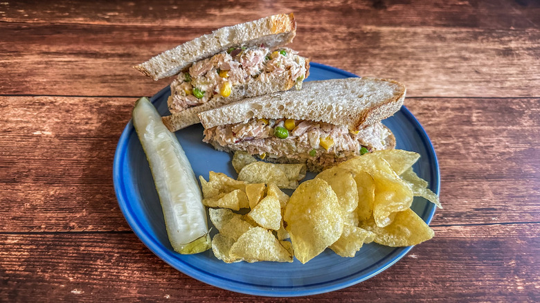 tuna salad sandwich with pickle and chips