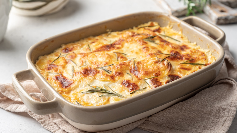 Potato casserole in gray dish