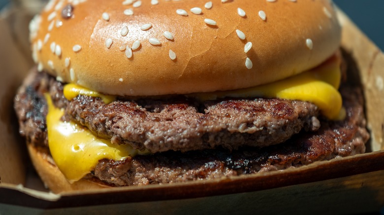 Close-up of a McDonald's Double Quarter Pounder with cheese