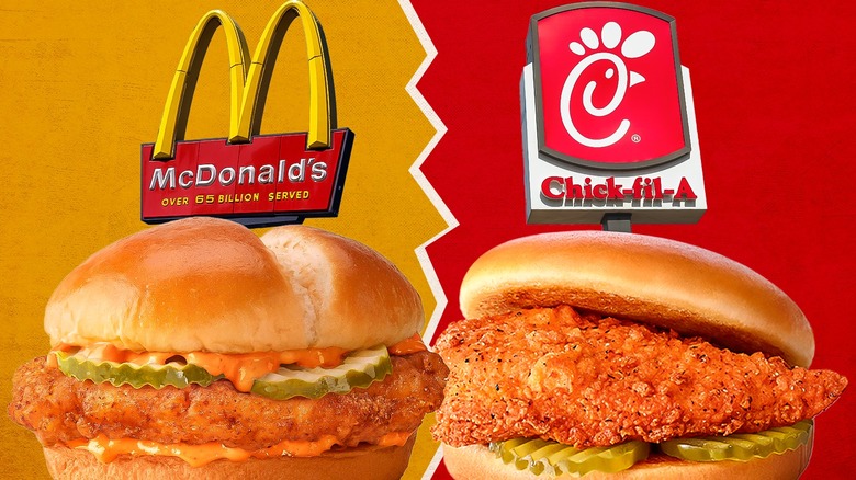 a McDonald's chicken sandwich and a Chick-fil-A sandwich next to each other, with the brand's respective signs behind them