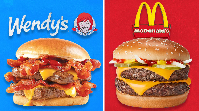 A Wendy's cheesburger staged next to a McDonald's cheesburger