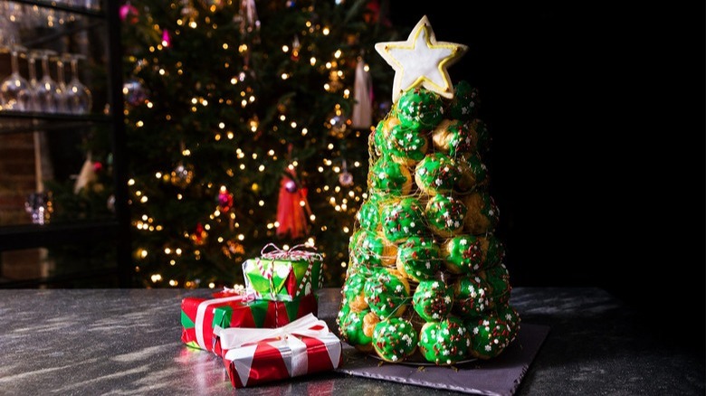 Christmas tree croquembouche on table
