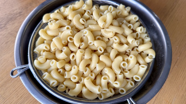 cooked pasta in colander