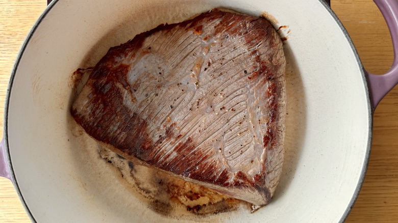 seared brisket in Dutch oven