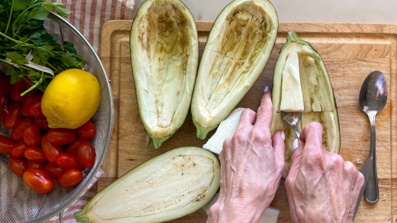 eggplant halves with flesh removed