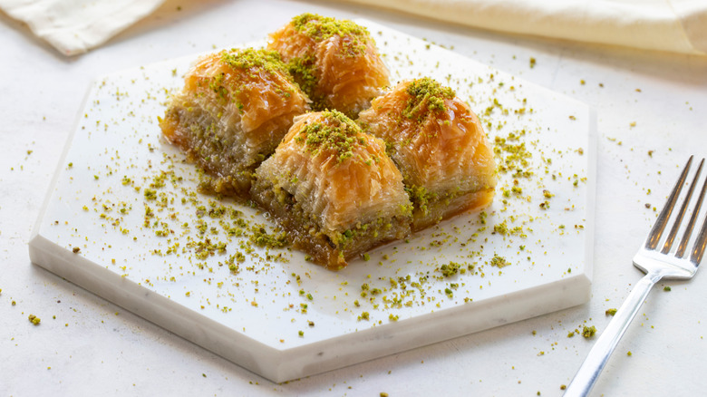 Baklava plated with fork