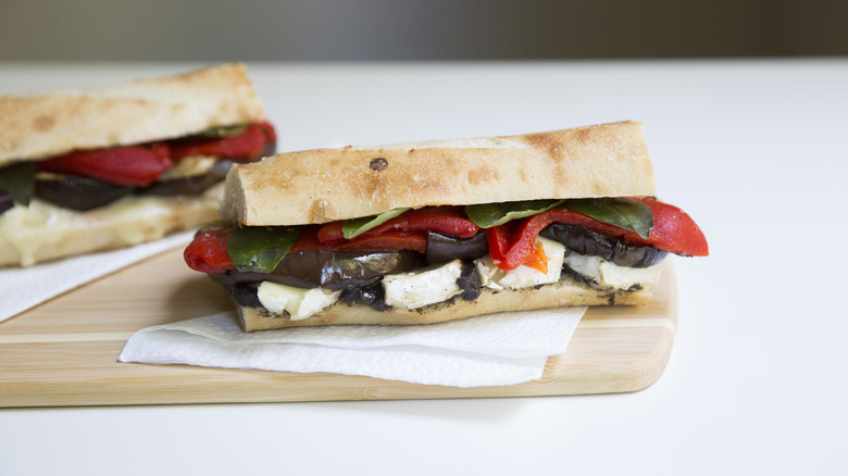 eggplant panini on wooden board