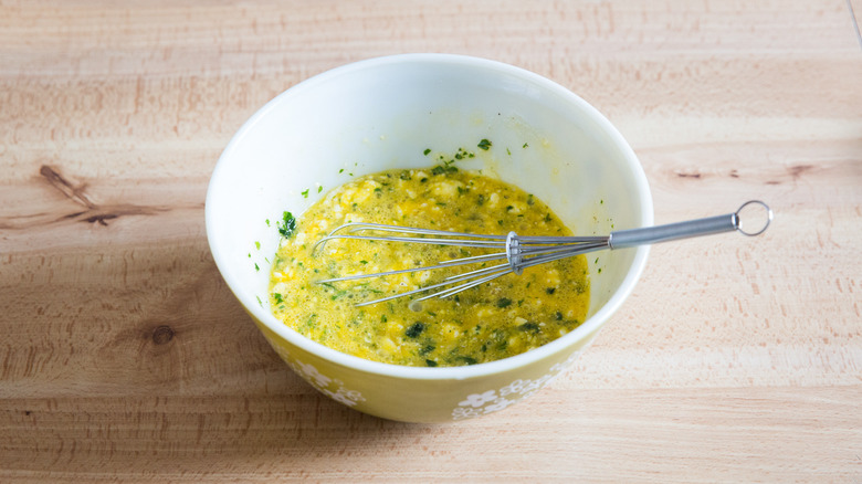 cheesy egg mixture in bowl