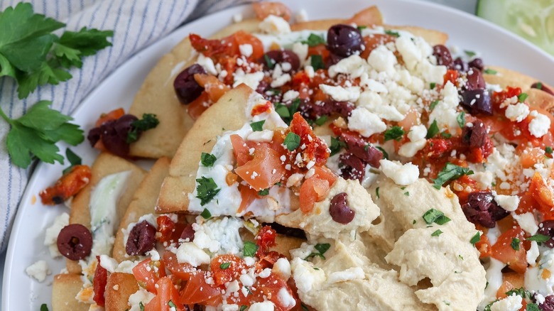 close up of Mediterranean nachos