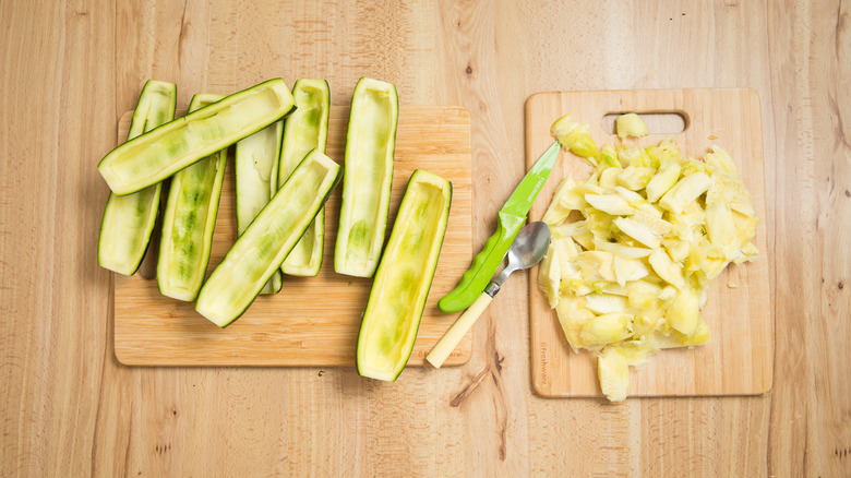 hollow zucchini boats on table 