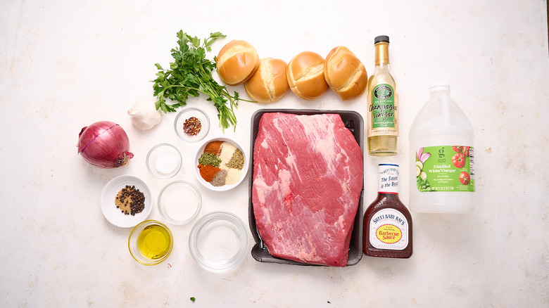 Brisket sandwich ingredients on a table