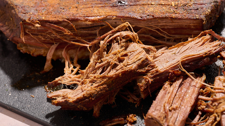 Slices of brisket on a table
