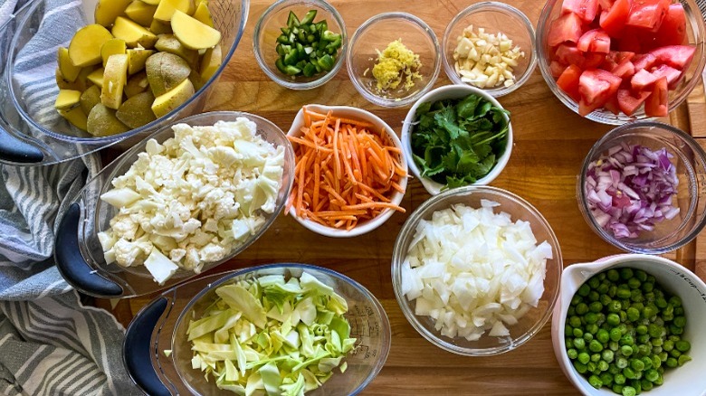 various chopped veggies in bowls