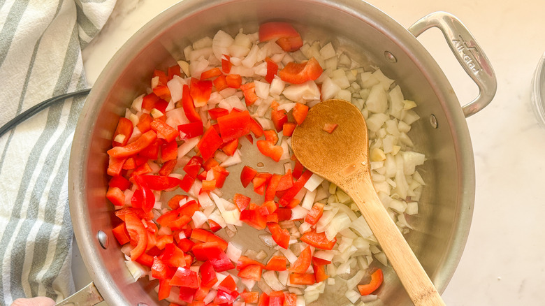 red pepper and onion in pan