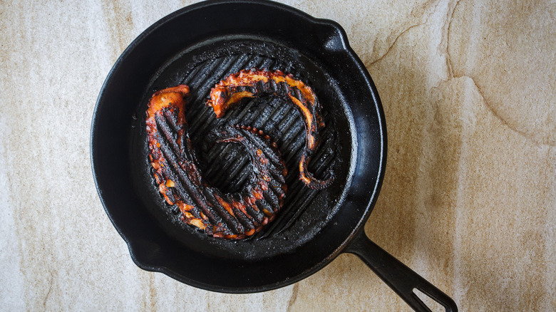 octopus on cast iron pan