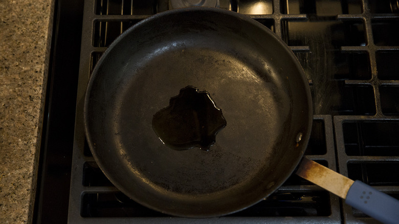 oil heating in frying pan