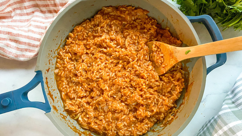 cooked mexican rice in pot 