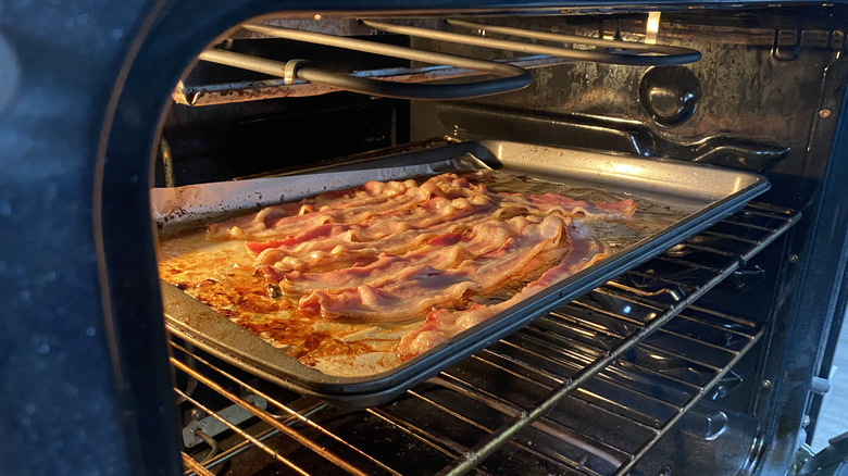 Bacon cooking in the oven