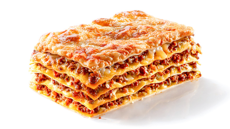 Lasagna on white background