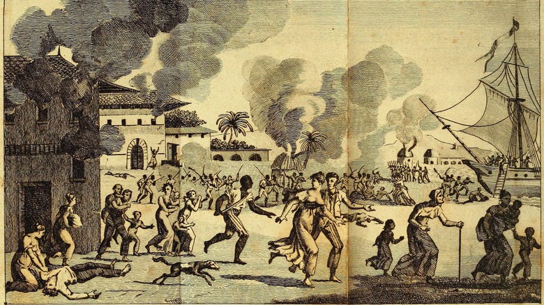 19th century engraving depicting a scene from the Haitian Revolution of 1791