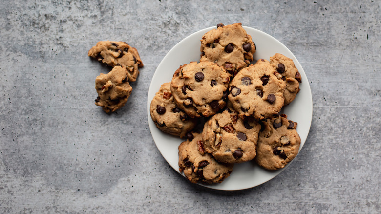 Chocolate chip cookies on white plate