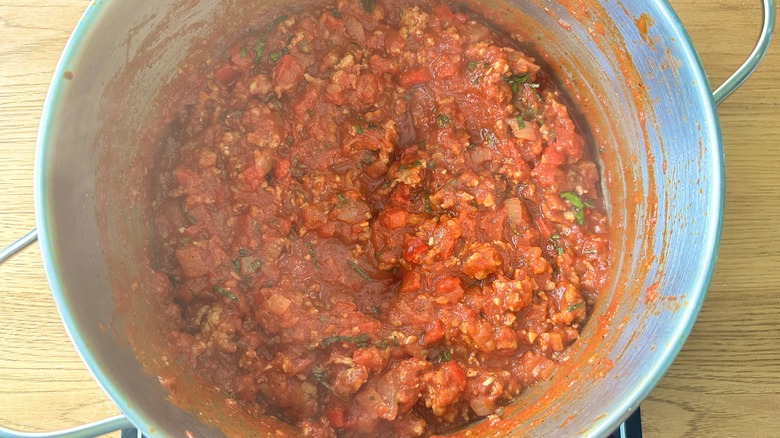 tomato sausage sauce in pot