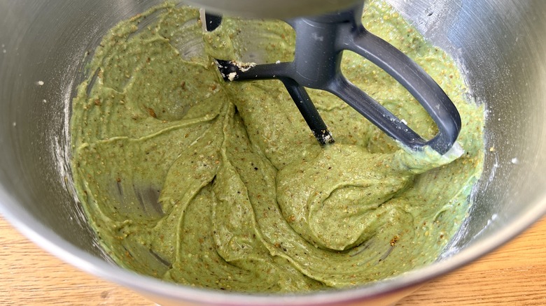 Pistachio cake batter in bowl