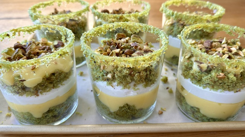 Chopped pistachios over pistachio trifle