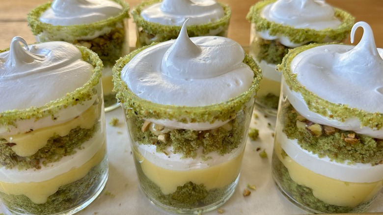 Piped lemon meringue pistachio trifles